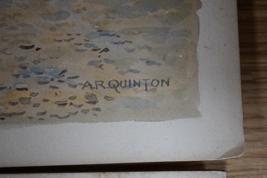 Alfred Robert Quinton (1853-1934), four original watercolours for postcards, Sussex views comprising The Pier, Bognor Regis, East Beach, Eastbourne, West Beach from the Pier and The New Aquarium Brighton, each signed, 20